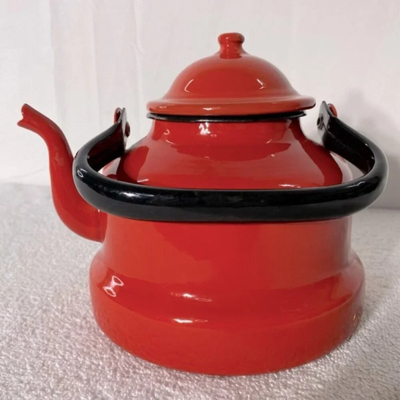 Vintage Red Enamel Kettle Teapot With Handle - Picture 1 of 14